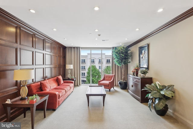 2 N Commerce Sq Unit 303, Trenton, NJ 08691 - living area with recessed lighting, baseboards, expansive windows, crown molding, and light colored carpet