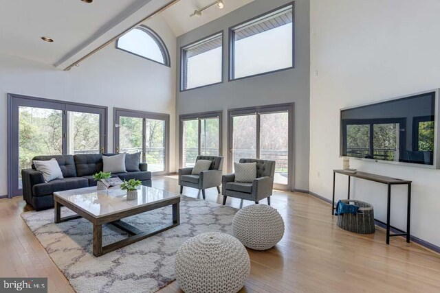 1 Fox Field Ct, Reisterstown, MD 21136 - living room with high vaulted ceiling, baseboards, and wood-type flooring