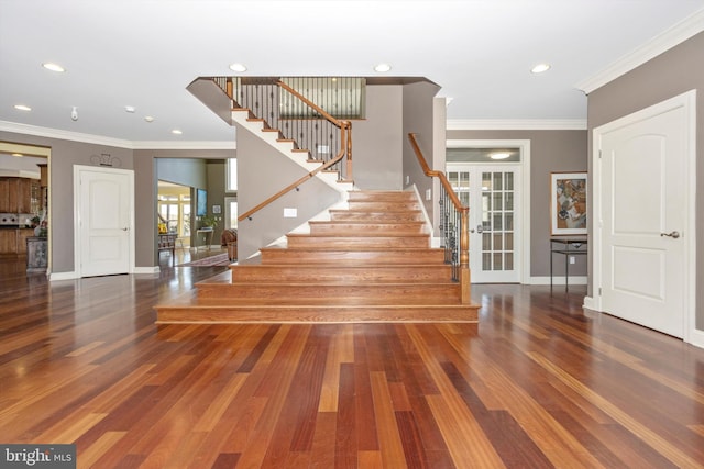 4083 Reels Mill Rd, Frederick, MD 21704 - foyer with stairs, ornamental molding, baseboards, wood finished floors, and recessed lighting