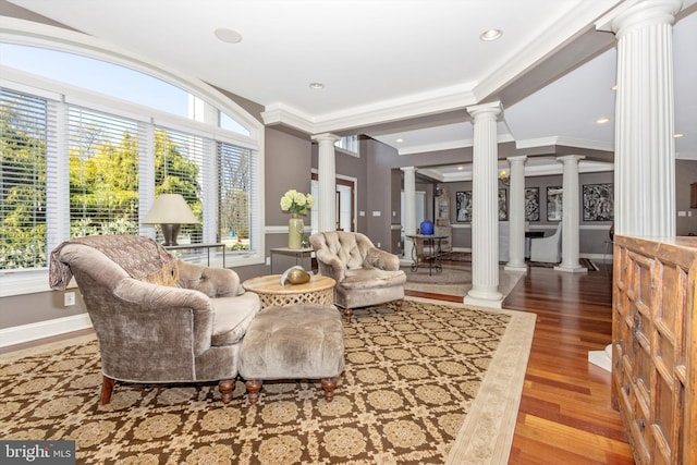 4083 Reels Mill Rd, Frederick, MD 21704 - living area featuring decorative columns, wood finished floors, baseboards, ornamental molding, and recessed lighting