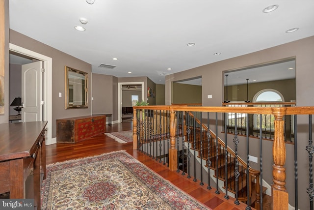 4083 Reels Mill Rd, Frederick, MD 21704 - hallway with an upstairs landing, wood finished floors, recessed lighting, and baseboards