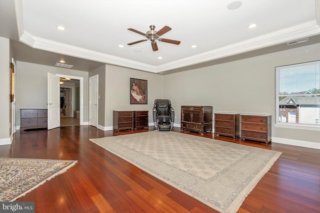 4083 Reels Mill Rd, Frederick, MD 21704 - sitting room with a raised ceiling, a ceiling fan, wood finished floors, recessed lighting, and crown molding