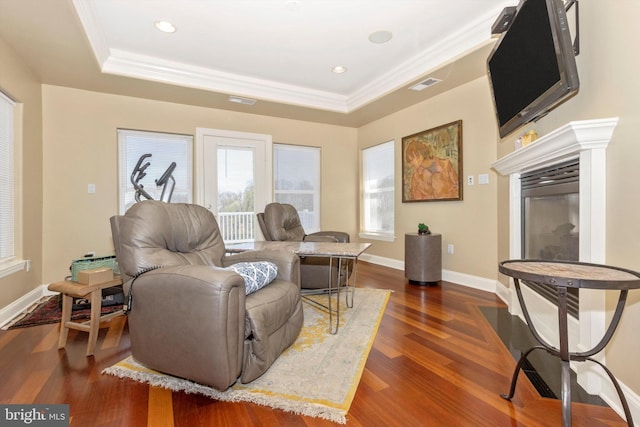 4083 Reels Mill Rd, Frederick, MD 21704 - living room featuring a raised ceiling, dark wood-style flooring, crown molding, baseboards, and recessed lighting