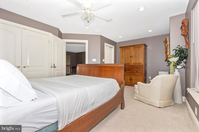 4083 Reels Mill Rd, Frederick, MD 21704 - bedroom featuring light colored carpet, a closet, ceiling fan, recessed lighting, and baseboards