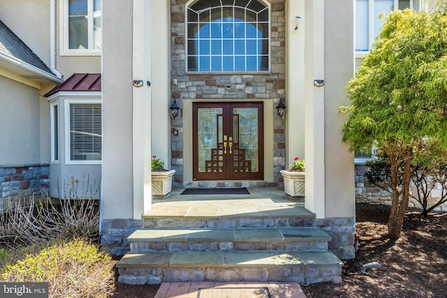 4083 Reels Mill Rd, Frederick, MD 21704 - doorway to property featuring french doors, stucco siding, stone siding, and a standing seam roof