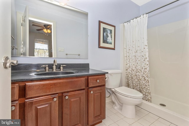 4083 Reels Mill Rd, Frederick, MD 21704 - bathroom with tile patterned floors, toilet, a shower stall, vanity, and a ceiling fan