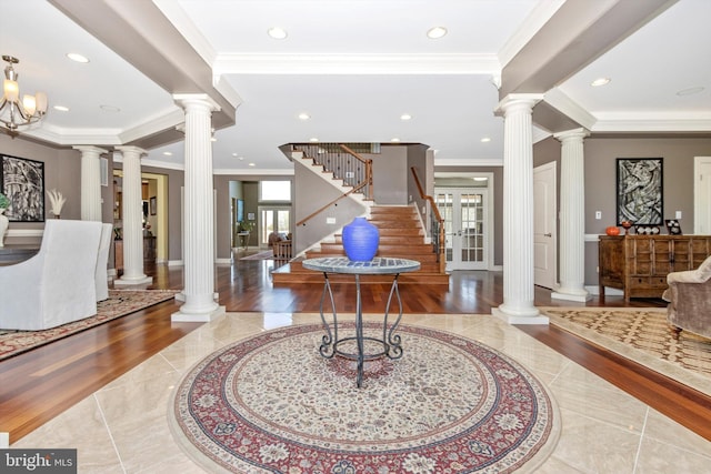 4083 Reels Mill Rd, Frederick, MD 21704 - tiled entryway with inlaid floor details, baseboards, stairway, ornamental molding, and recessed lighting