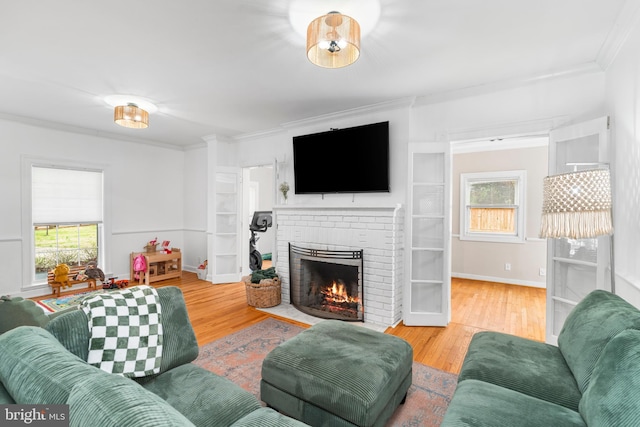 living room featuring ornamental molding, baseboards, wood finished floors, and a fireplace