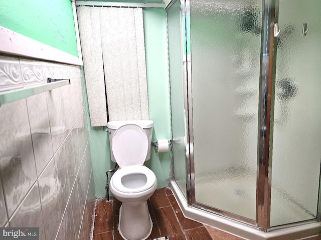 bathroom with toilet and a stall shower