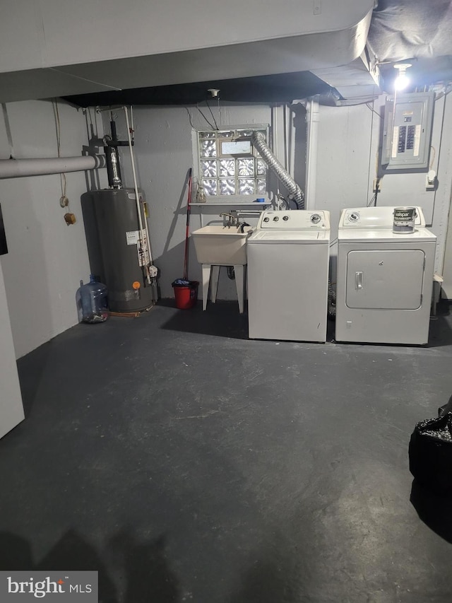 2027 Anchor St, Philadelphia, PA 19124 - basement with water heater, washing machine and dryer, electric panel, and a sink