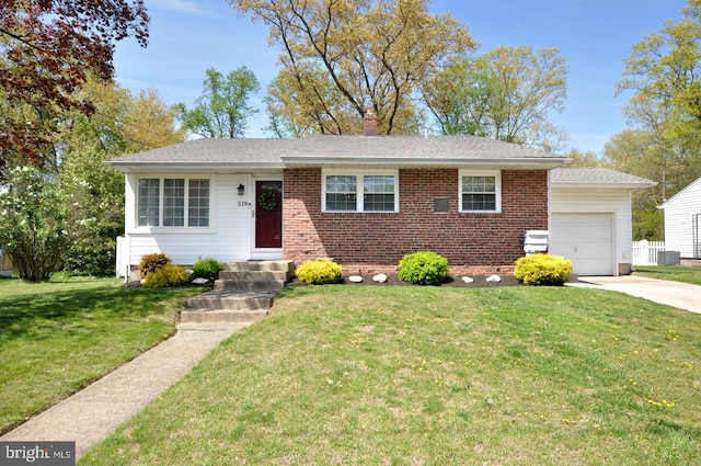 ranch-style house featuring a front lawn, a chimney, concrete driveway, brick siding, and an attached garage