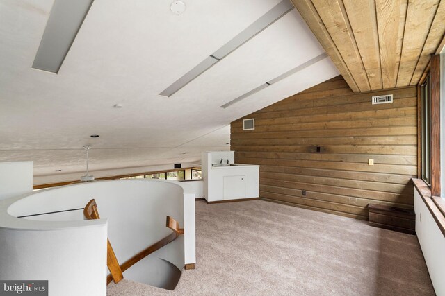 390 S Bryn Mawr Ave, Bryn Mawr, PA 19010 - additional living space with wood walls, vaulted ceiling, carpet, and visible vents