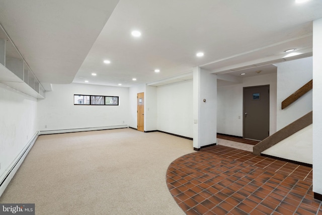 390 S Bryn Mawr Ave, Bryn Mawr, PA 19010 - below grade area featuring a baseboard radiator, carpet flooring, stairs, and recessed lighting