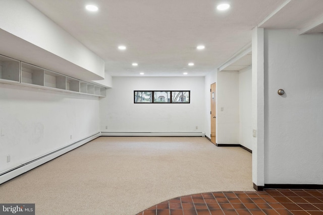390 S Bryn Mawr Ave, Bryn Mawr, PA 19010 - basement featuring dark colored carpet, recessed lighting, baseboard heating, and baseboards