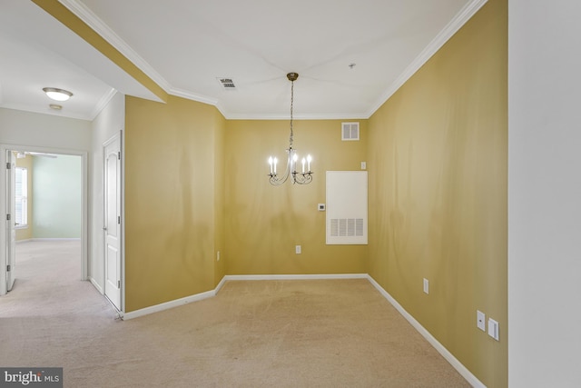 unfurnished dining area with ornamental molding, a chandelier, visible vents, and carpet