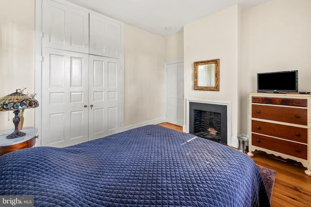 bedroom with baseboards, a closet, wood finished floors, and a fireplace