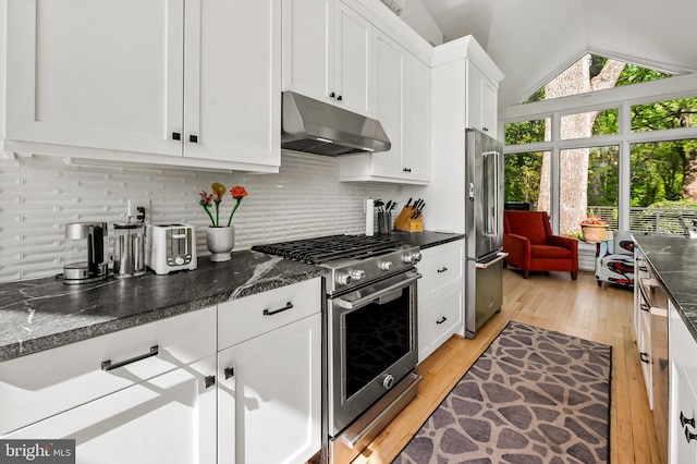 kitchen with decorative backsplash, high end appliances, white cabinetry, under cabinet range hood, and light wood-style flooring