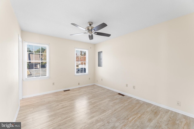 empty room featuring visible vents, light wood-style flooring, a ceiling fan, and electric panel