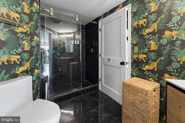 full bath with vanity, toilet, a stall shower, and wallpapered walls
