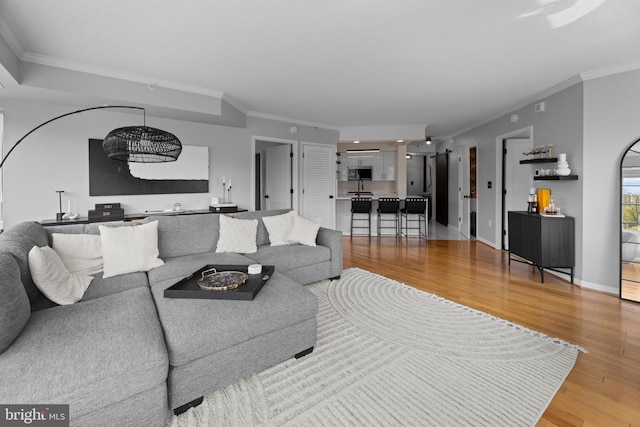 living area with light wood finished floors, baseboards, and ornamental molding