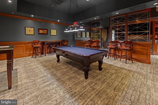 rec room with pool table, carpet flooring, a wainscoted wall, and a dry bar