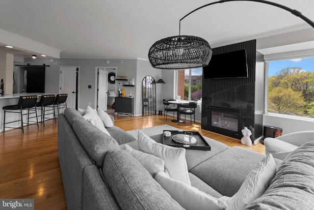living area featuring crown molding, a large fireplace, a barn door, and wood finished floors