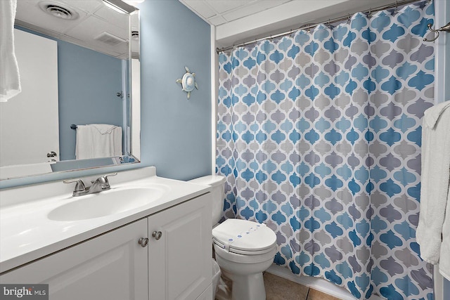13500 Coastal Hwy Unit 201, Ocean City, MD 21842 - bathroom featuring vanity, a shower with curtain, visible vents, toilet, and tile patterned floors