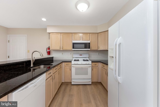 1825 Hessian Dr, Williamstown, NJ 08094 - kitchen with light brown cabinetry, white appliances, light wood-style flooring, and a sink