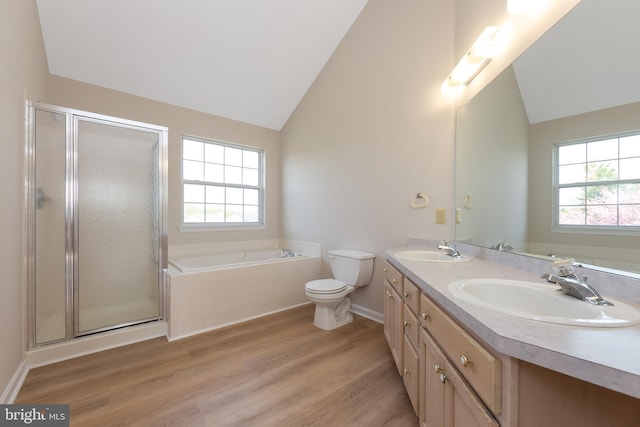 1825 Hessian Dr, Williamstown, NJ 08094 - bathroom with a stall shower, a sink, wood finished floors, and lofted ceiling