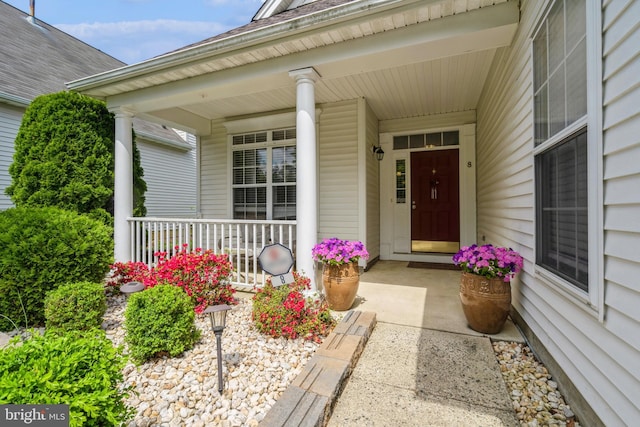 view of exterior entry with covered porch