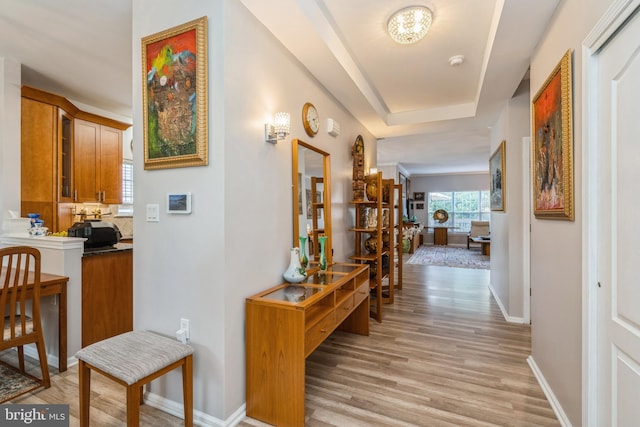 hall featuring light wood-style flooring, baseboards, and a raised ceiling