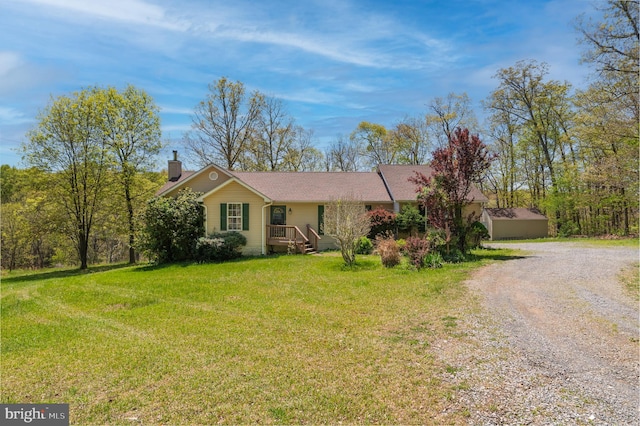 2208 Quarry Rd, Bunker Hill, WV 25413 - ranch-style house with dirt driveway, a front lawn, and a chimney