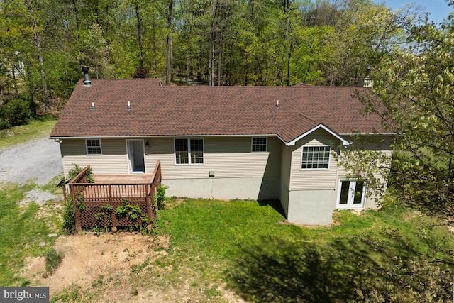 2208 Quarry Rd, Bunker Hill, WV 25413 - back of property featuring a lawn, a shingled roof, french doors, and a deck
