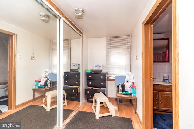 interior space with wood finished floors and a closet