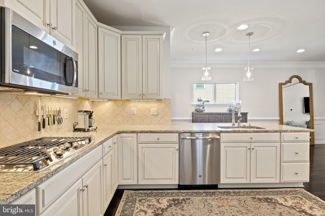 kitchen featuring ornamental molding, tasteful backsplash, a sink, dark wood finished floors, and appliances with stainless steel finishes