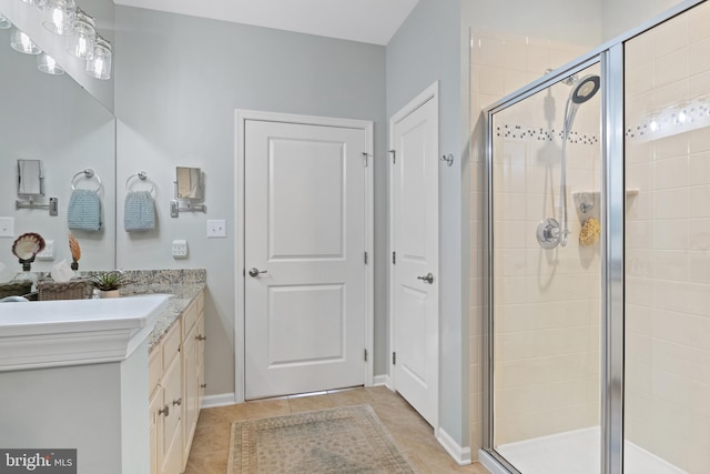 full bath with vanity, a stall shower, and tile patterned floors