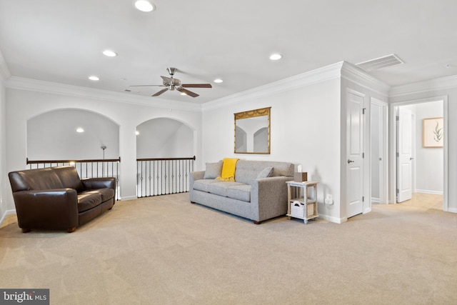 living room featuring recessed lighting, a ceiling fan, carpet flooring, and visible vents