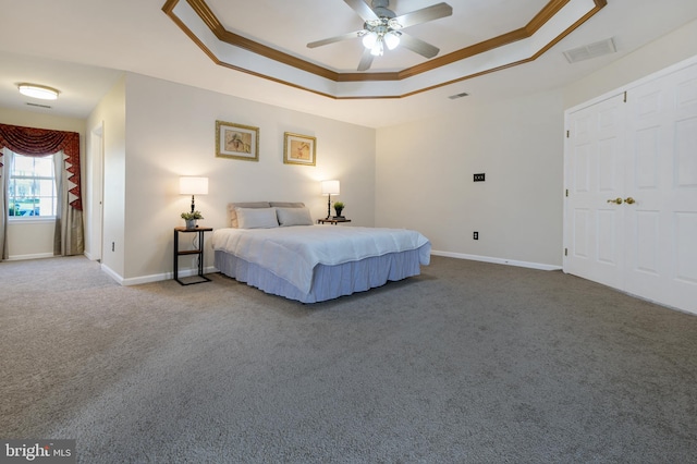 6420 Barrington Dr, Frederick, MD 21701 - bedroom featuring carpet flooring, visible vents, ornamental molding, and a raised ceiling