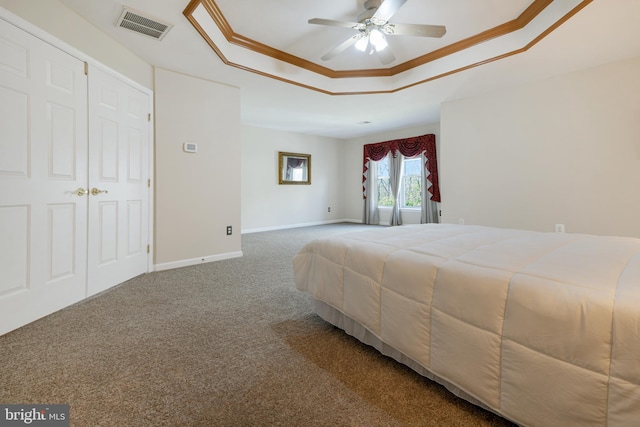 6420 Barrington Dr, Frederick, MD 21701 - bedroom with a tray ceiling, ornamental molding, visible vents, carpet floors, and baseboards