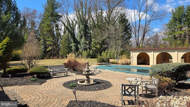 view of swimming pool featuring a patio area and a diving board