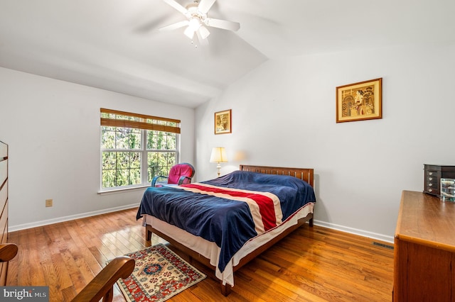 2410 Mallard Ln, Downingtown, PA 19335 - bedroom with lofted ceiling, visible vents, wood-type flooring, baseboards, and ceiling fan