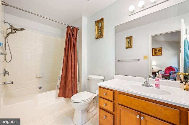2410 Mallard Ln, Downingtown, PA 19335 - bathroom featuring toilet, vanity, tile patterned floors, and shower / bathtub combination with curtain