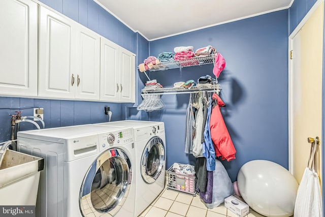 1419 Greenawalt Rd, Huntingdon Valley, PA 19006 - clothes washing area featuring tile patterned floors, crown molding, cabinet space, washer and dryer, and a sink