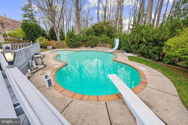 1419 Greenawalt Rd, Huntingdon Valley, PA 19006 - view of swimming pool with a fenced in pool, a fenced backyard, a diving board, and a water slide
