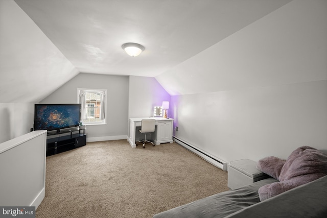 interior space featuring baseboards, a baseboard heating unit, light carpet, and vaulted ceiling
