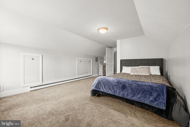 carpeted bedroom with a baseboard heating unit and lofted ceiling