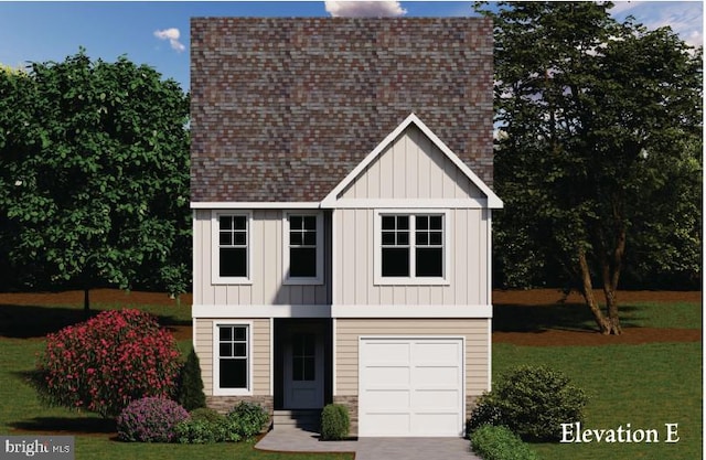 322 Washington Blvd, Glen Burnie, MD 21061 - view of front facade featuring roof with shingles, board and batten siding, stone siding, a front lawn, and an attached garage