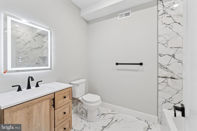 bathroom with a tub to relax in, vanity, visible vents, toilet, and marble finish floor