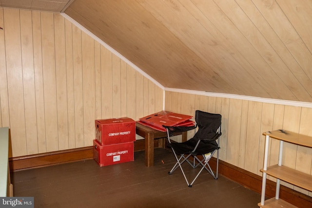 additional living space featuring wooden ceiling, wood finished floors, wood walls, and vaulted ceiling