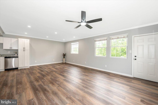 7533 Dover Ln, Lanham, MD 20706 - unfurnished living room featuring crown molding, ceiling fan, recessed lighting, baseboards, and dark wood-style floors